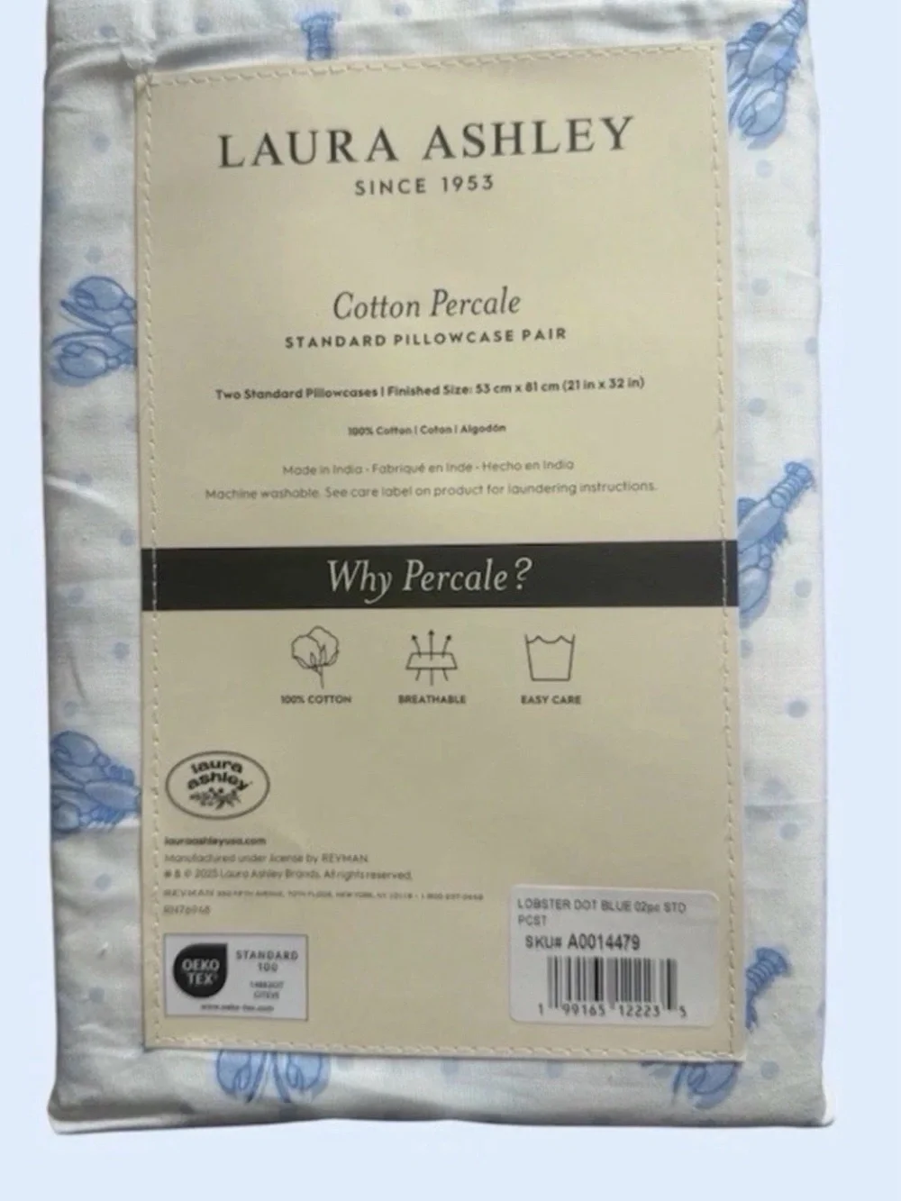 LOBSTER BLUE DOTS 2 PC Laura Ashley Nautical Cotton Pillowcases